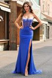 Royal Blue Corsetto Mermaid Slit Abito da cerimonia lungo con perline