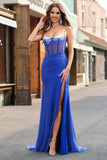Royal Blue Corsetto Mermaid Slit Abito da cerimonia lungo con perline