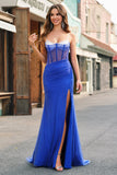 Royal Blue Corsetto Mermaid Slit Abito da cerimonia lungo con perline
