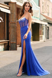 Royal Blue Corsetto Mermaid Slit Abito da cerimonia lungo con perline