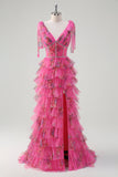 Fucsia A Line Ruffle V-Neck Tiered Floral Abito da cerimonia con fessura