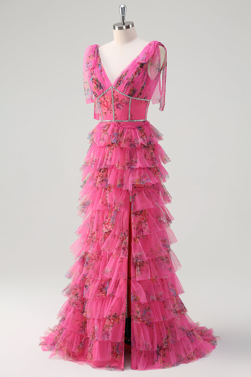 Fucsia A Line Ruffle V-Neck Tiered Floral Abito da cerimonia con fessura