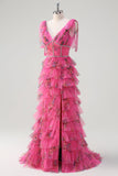 Fucsia A Line Ruffle V-Neck Tiered Floral Abito da cerimonia con fessura