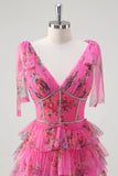 Fucsia A Line Ruffle V-Neck Tiered Floral Abito da cerimonia con fessura