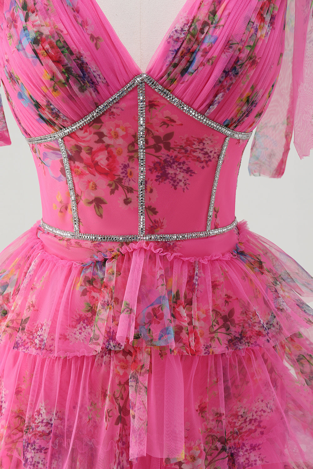 Fucsia A Line Ruffle V-Neck Tiered Floral Abito da cerimonia con fessura