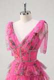 Fucsia A Line Ruffle V-Neck Tiered Floral Abito da cerimonia con fessura