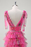 Fucsia A Line Ruffle V-Neck Tiered Floral Abito da cerimonia con fessura