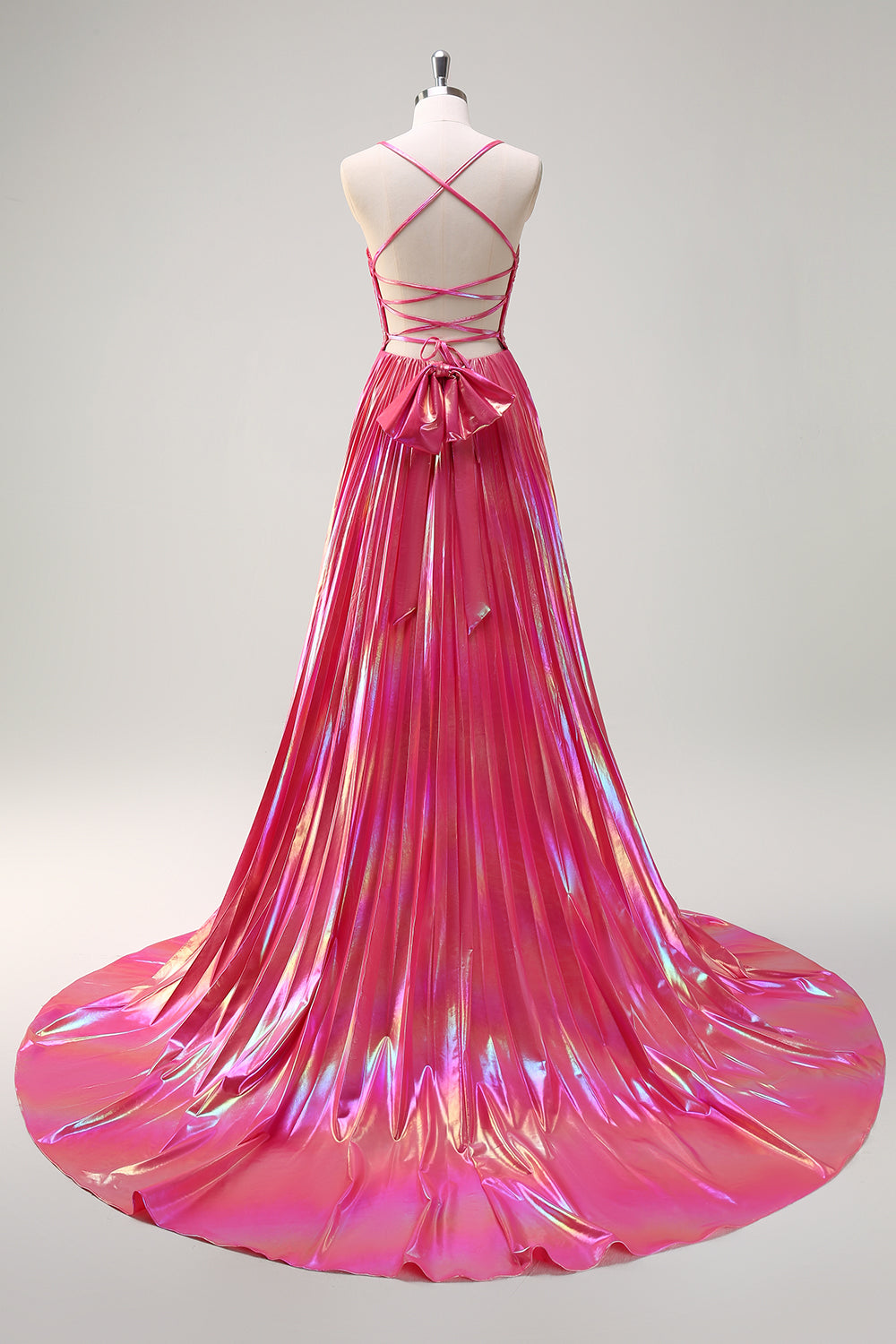 Fucsia A-Line Spaghetti Straps Metallic Plettato Abito da cerimonia lungo con fessura