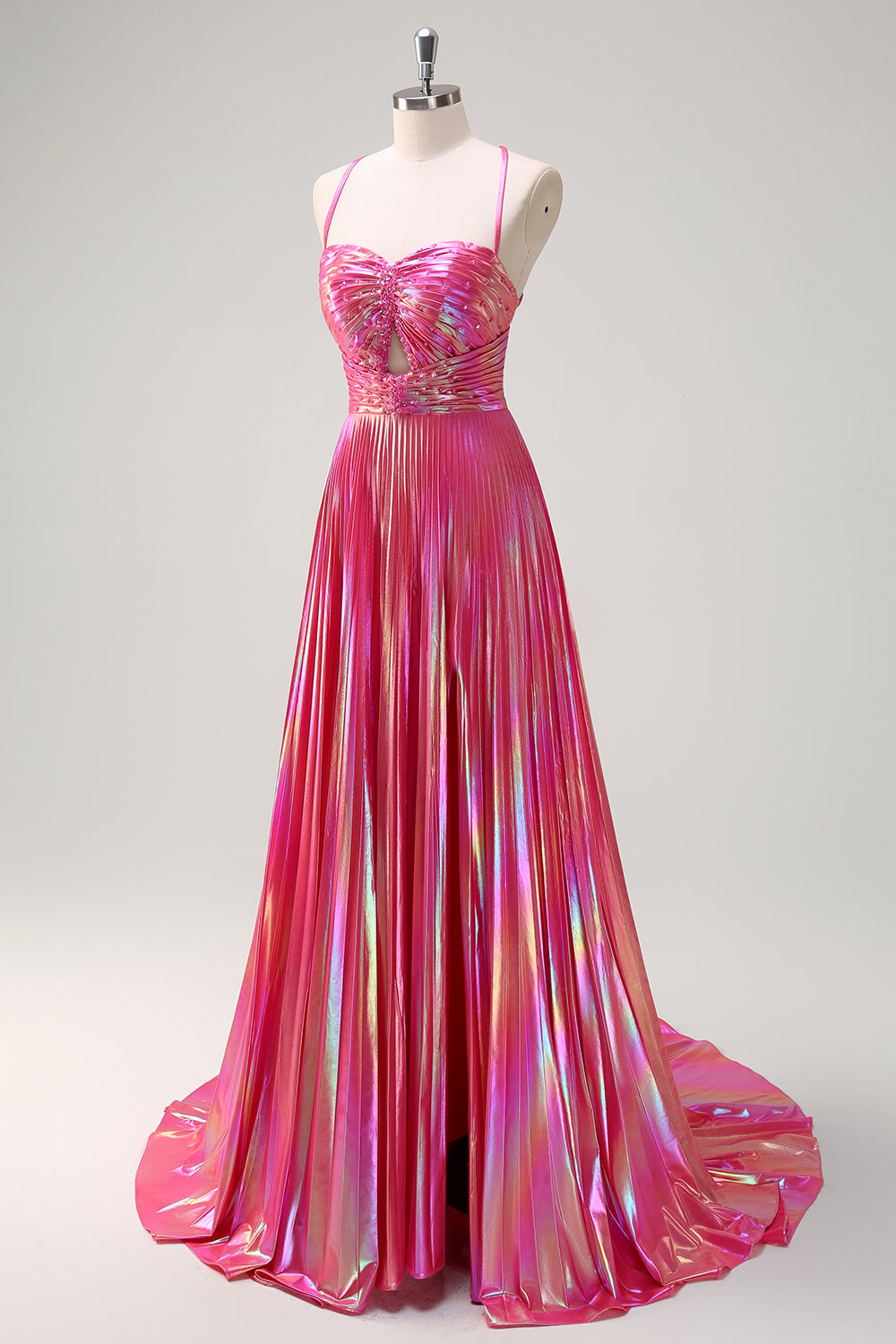 Fucsia A-Line Spaghetti Straps Metallic Plettato Abito da cerimonia lungo con fessura