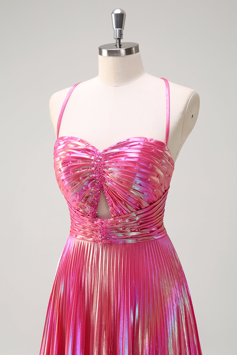 Fucsia A-Line Spaghetti Straps Metallic Plettato Abito da cerimonia lungo con fessura