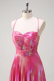 Fucsia A-Line Spaghetti Straps Metallic Plettato Abito da cerimonia lungo con fessura