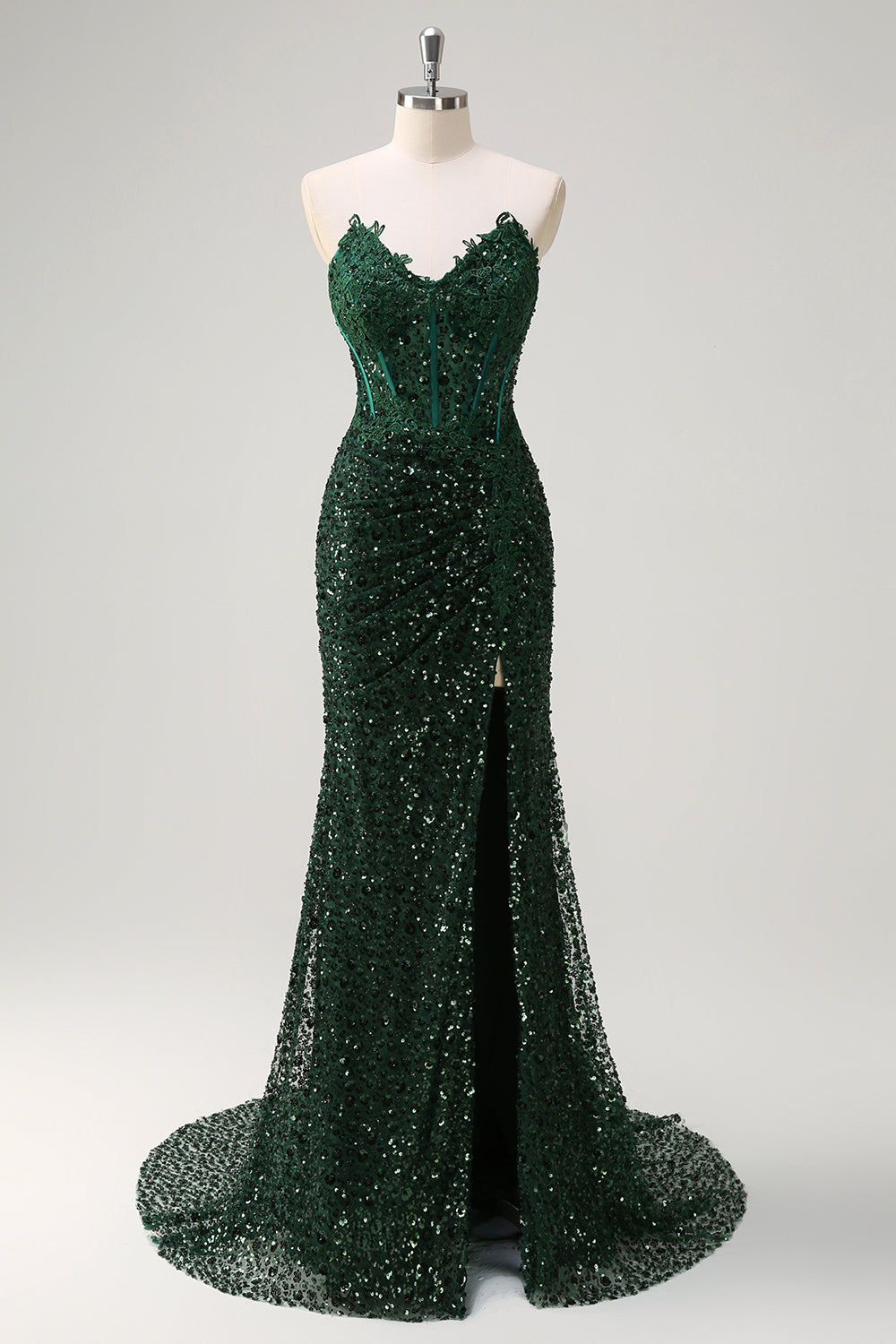 Sparkly Mermaid Sweetheart corsetto verde scuro paillettes pizzo Abito da cerimonia con fessura