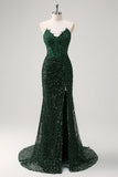 Sparkly Mermaid Sweetheart corsetto verde scuro paillettes pizzo Abito da cerimonia con fessura