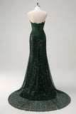 Sparkly Mermaid Sweetheart corsetto verde scuro paillettes pizzo Abito da cerimonia con fessura