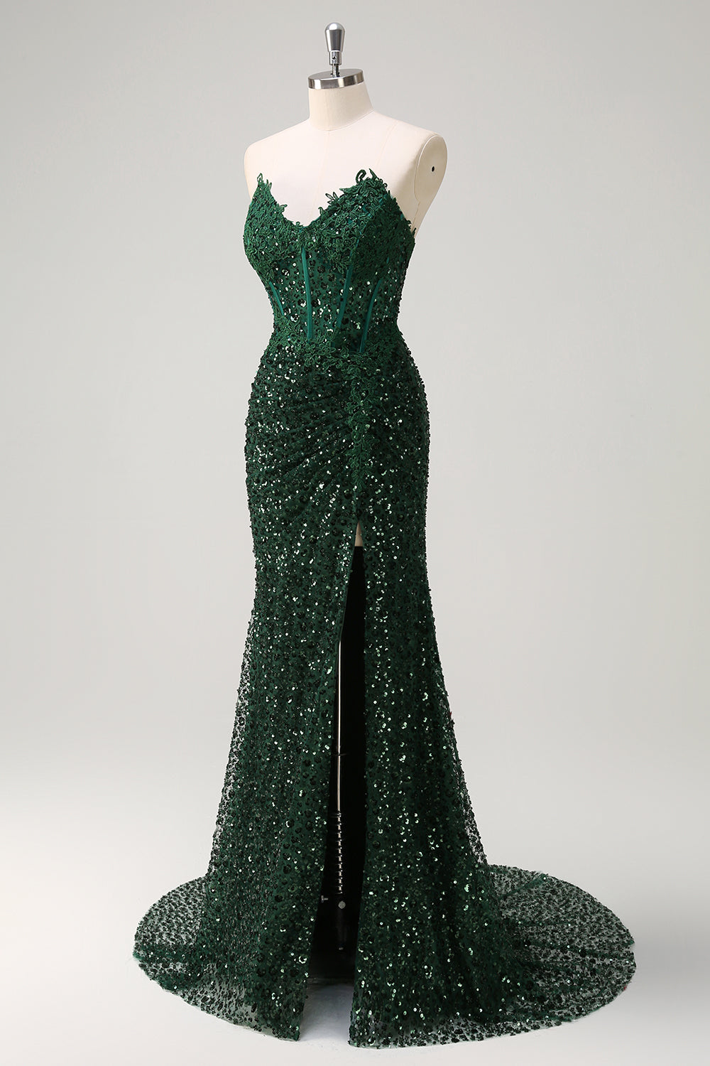 Sparkly Mermaid Sweetheart corsetto verde scuro paillettes pizzo Abito da cerimonia con fessura