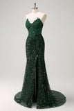 Sparkly Mermaid Sweetheart corsetto verde scuro paillettes pizzo Abito da cerimonia con fessura