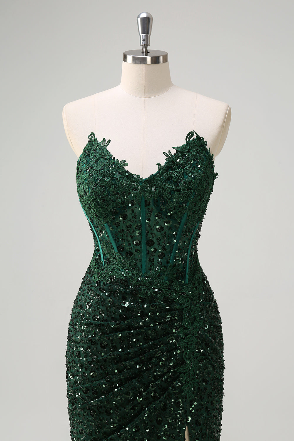 Sparkly Mermaid Sweetheart corsetto verde scuro paillettes pizzo Abito da cerimonia con fessura