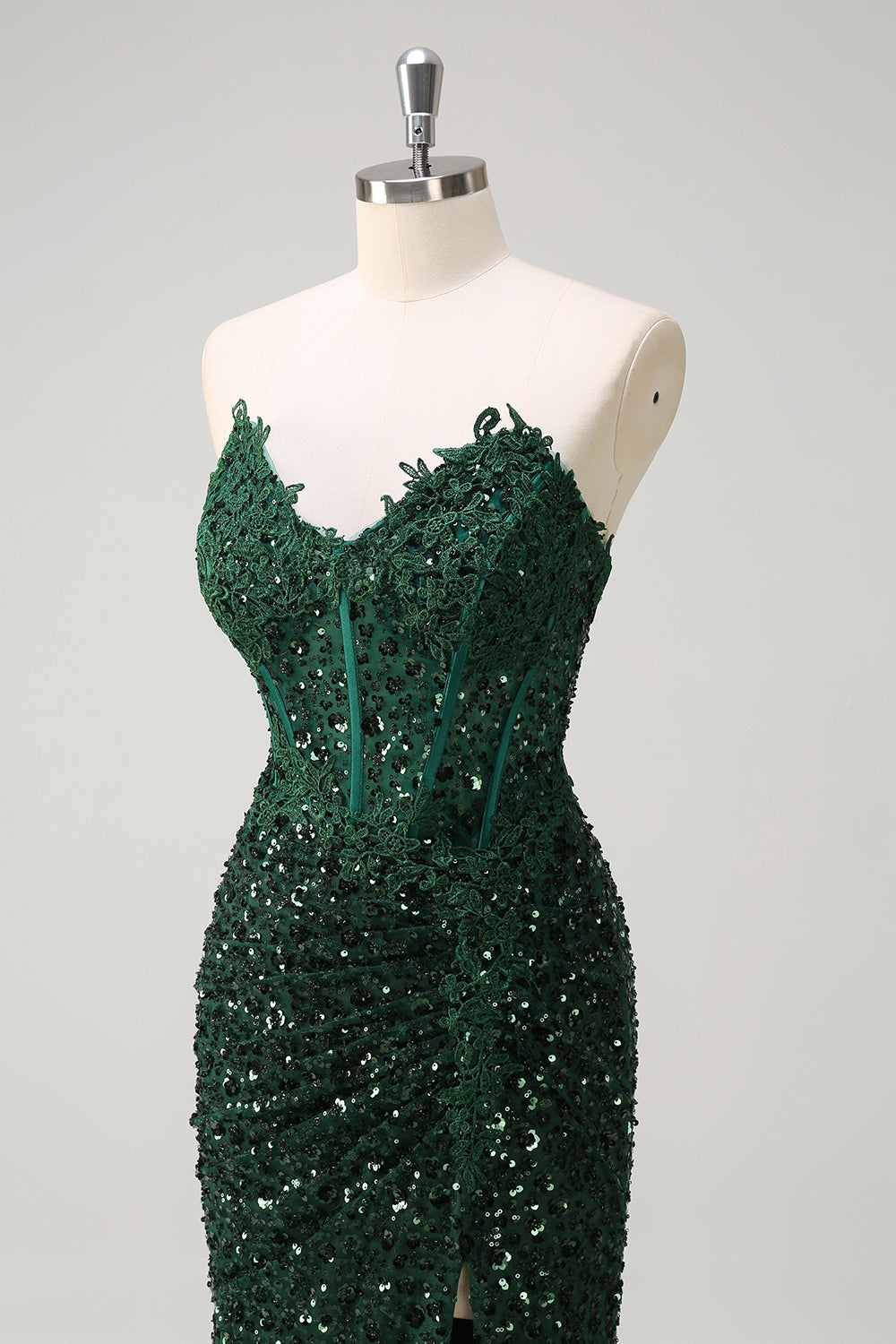 Sparkly Mermaid Sweetheart corsetto verde scuro paillettes pizzo Abito da cerimonia con fessura