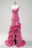 Sparkly Fuchsia Mermaid senza spalline in rilievo increspato Increspature Abito da cerimonia lungo con fessura