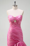 Sparkly Fuchsia Mermaid senza spalline in rilievo increspato Increspature Abito da cerimonia lungo con fessura