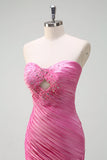 Sparkly Fuchsia Mermaid senza spalline in rilievo increspato Increspature Abito da cerimonia lungo con fessura