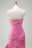 Sparkly Fuchsia Mermaid senza spalline in rilievo increspato Increspature Abito da cerimonia lungo con fessura