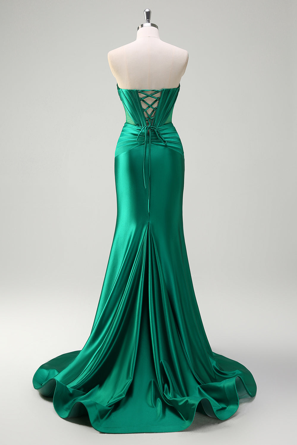 Scintillante verde scuro sirena senza spalline corsetto in rilievo increspato raso Abito da cerimonia con fessura