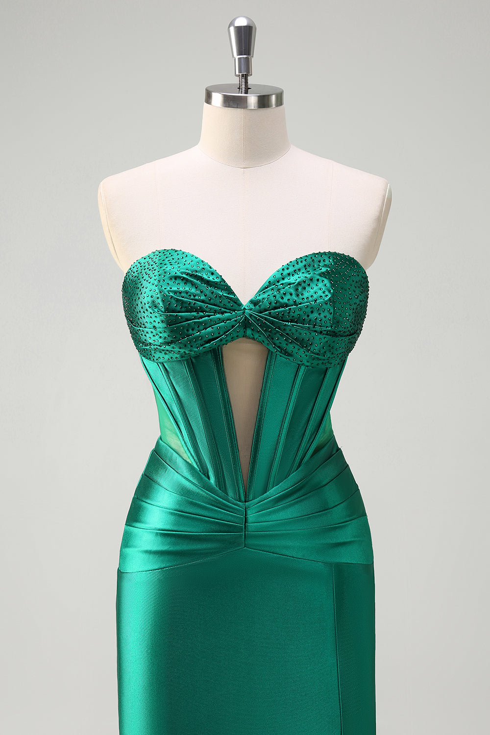 Scintillante verde scuro sirena senza spalline corsetto in rilievo increspato raso Abito da cerimonia con fessura