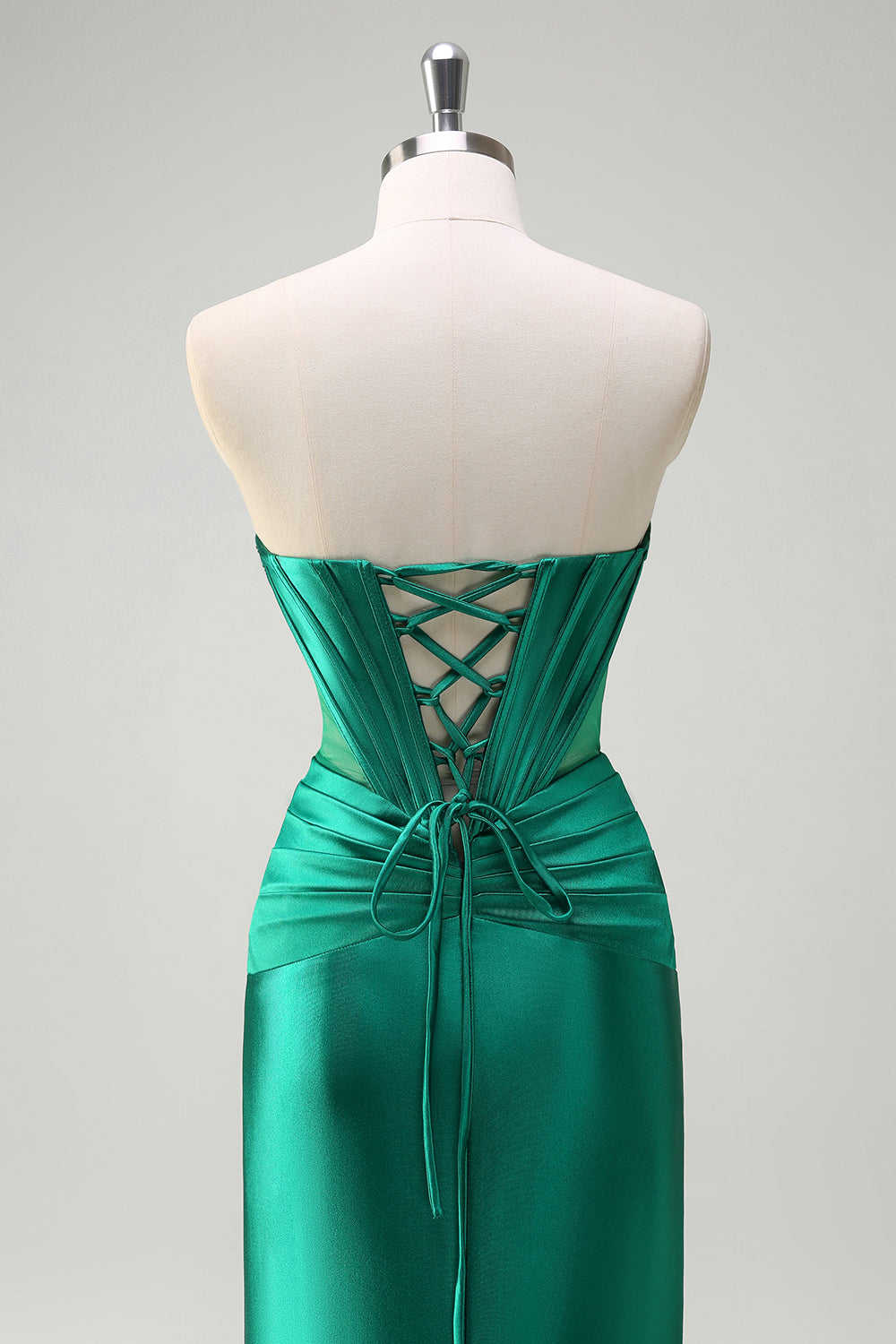 Scintillante verde scuro sirena senza spalline corsetto in rilievo increspato raso Abito da cerimonia con fessura