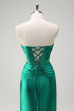 Scintillante verde scuro sirena senza spalline corsetto in rilievo increspato raso Abito da cerimonia con fessura