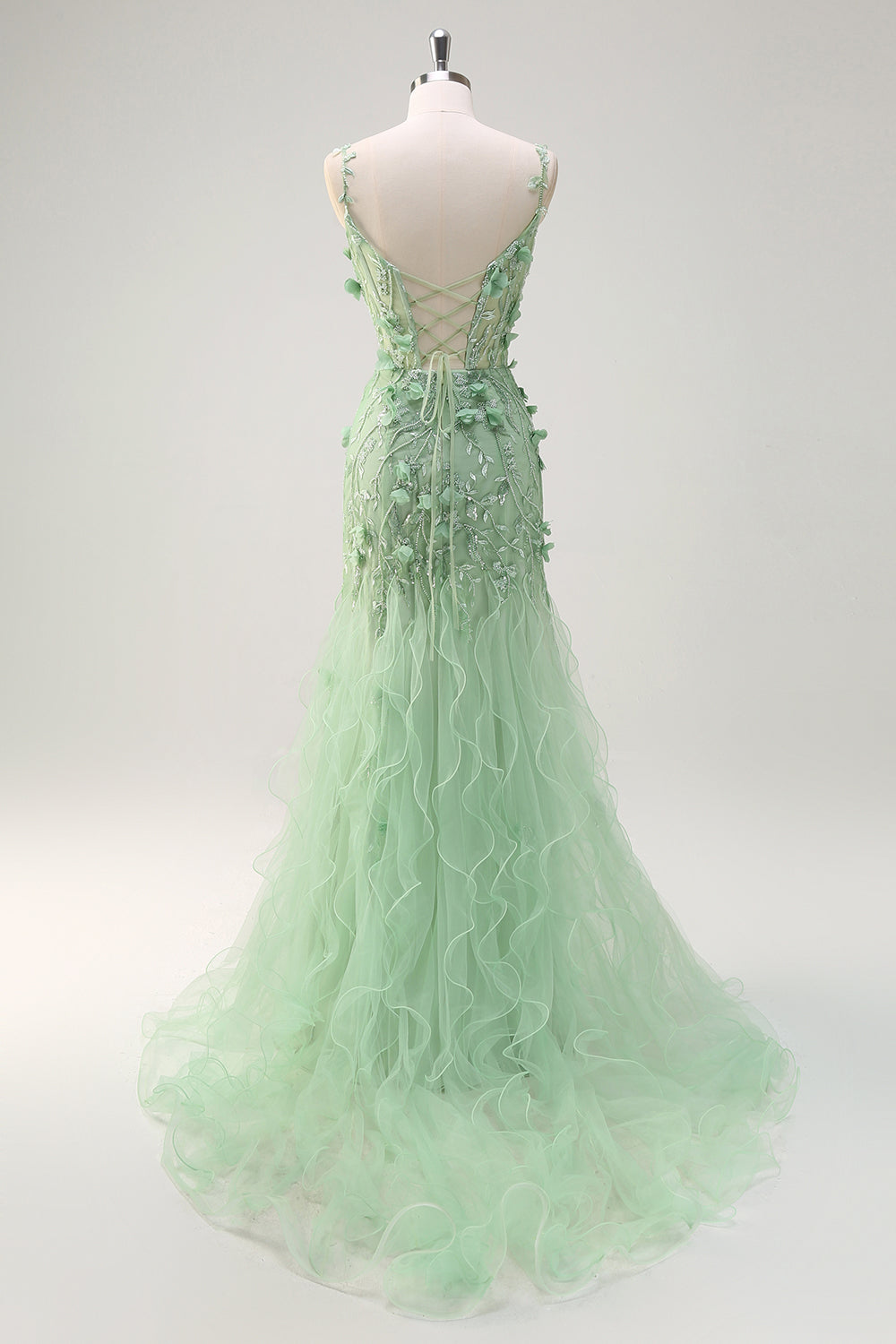 Sirena corsetto verde spaghetti cinghie lungo Abito da cerimonia con fiori 3D