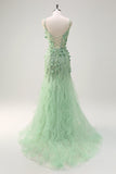 Sirena corsetto verde spaghetti cinghie lungo Abito da cerimonia con fiori 3D
