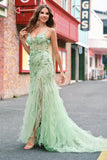 Sirena corsetto verde spaghetti cinghie lungo Abito da cerimonia con fiori 3D