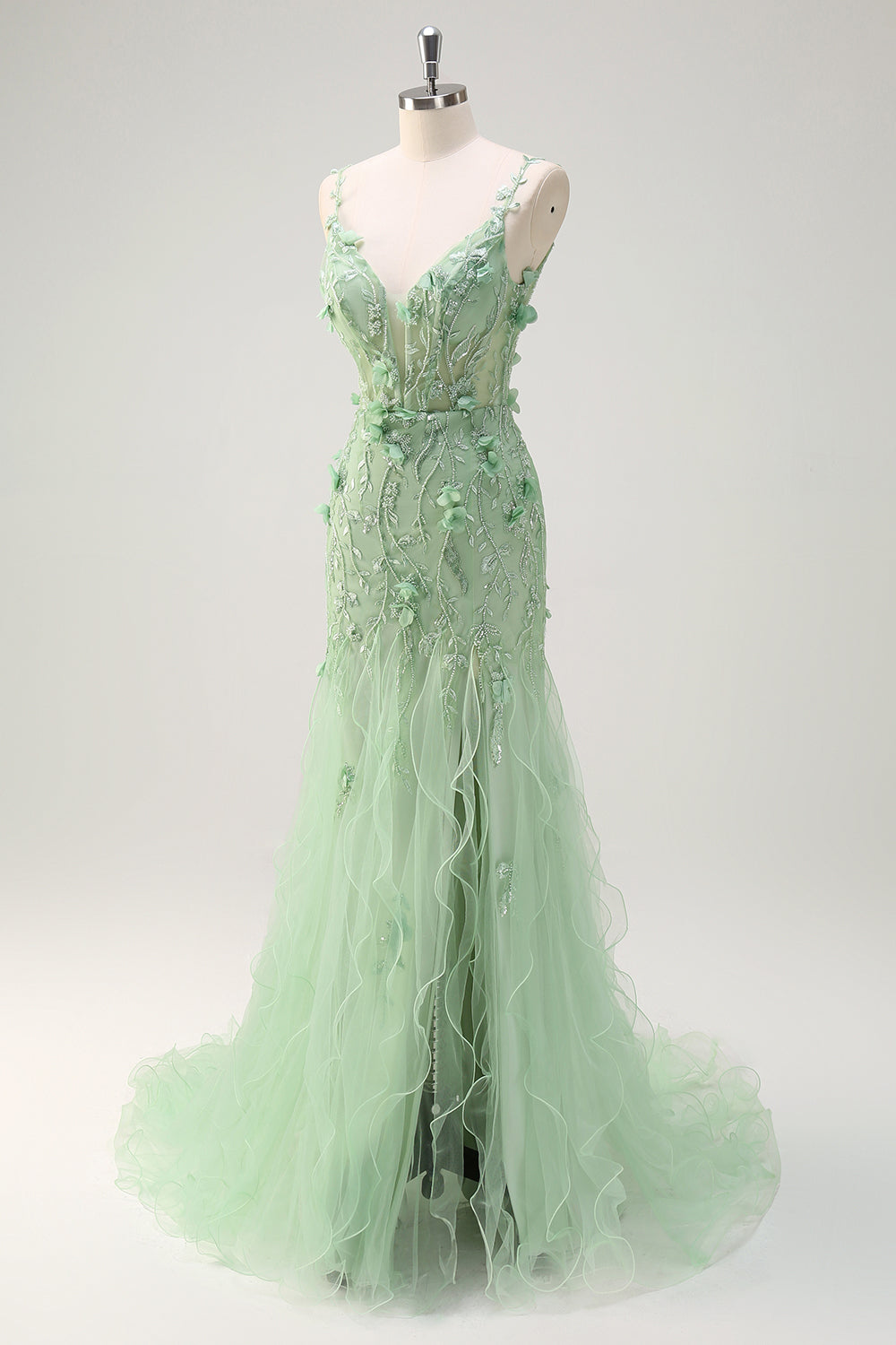 Verde sirena spaghetti cinghie 3D fiori lungo Abito da cerimonia con fessura