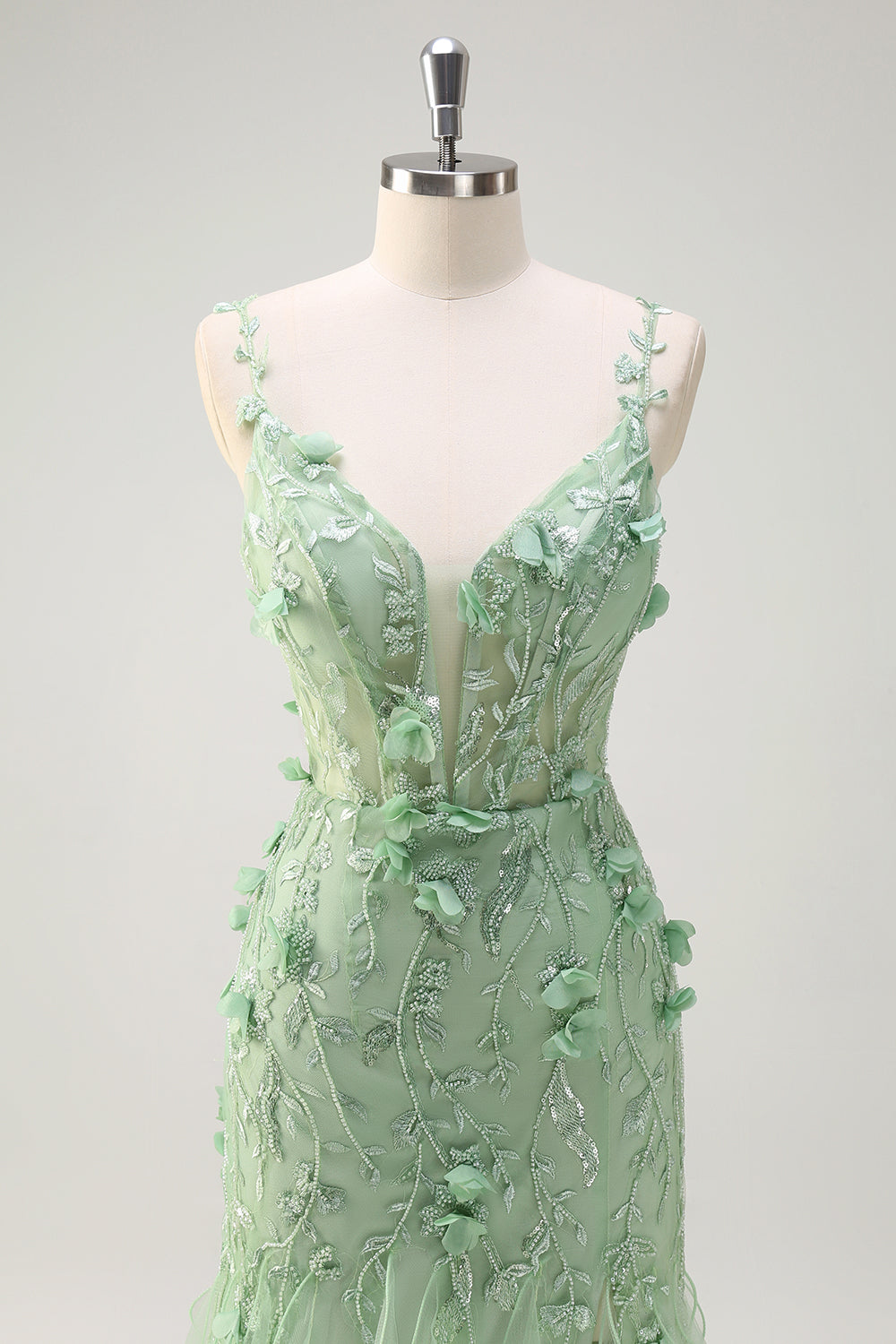 Verde sirena spaghetti cinghie 3D fiori lungo Abito da cerimonia con fessura