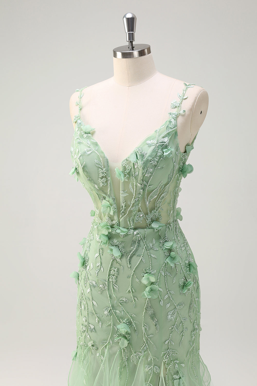 Verde sirena spaghetti cinghie 3D fiori lungo Abito da cerimonia con fessura