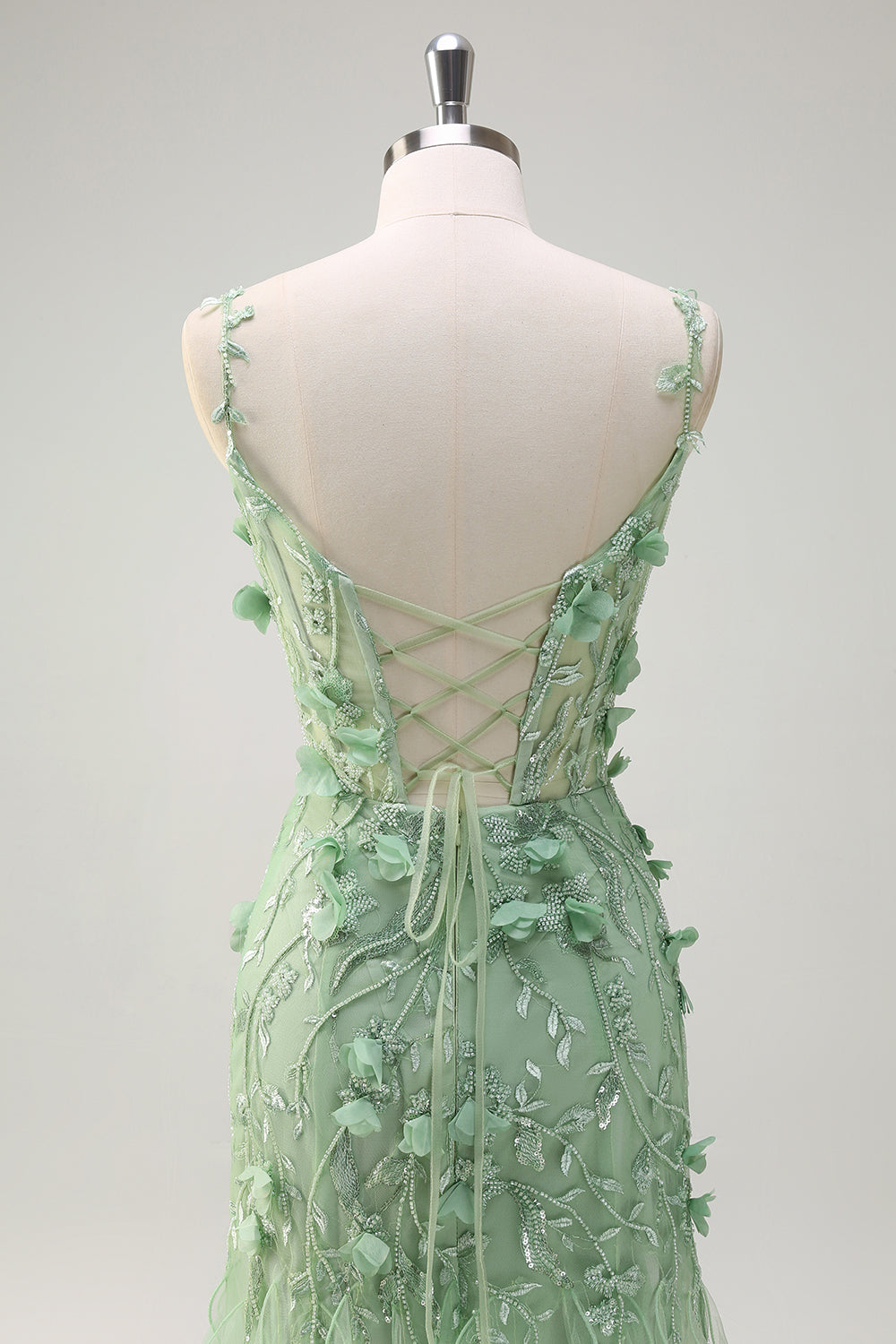 Verde sirena spaghetti cinghie 3D fiori lungo Abito da cerimonia con fessura