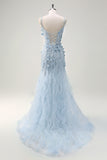 Sirena corsetto verde spaghetti cinghie lungo Abito da cerimonia con fiori 3D