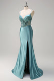 Sparkly grigio verde sirena spaghetti spalline corsetto lungo Abito da cerimonia con fessura