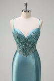 Sparkly grigio verde sirena spaghetti spalline corsetto lungo Abito da cerimonia con fessura