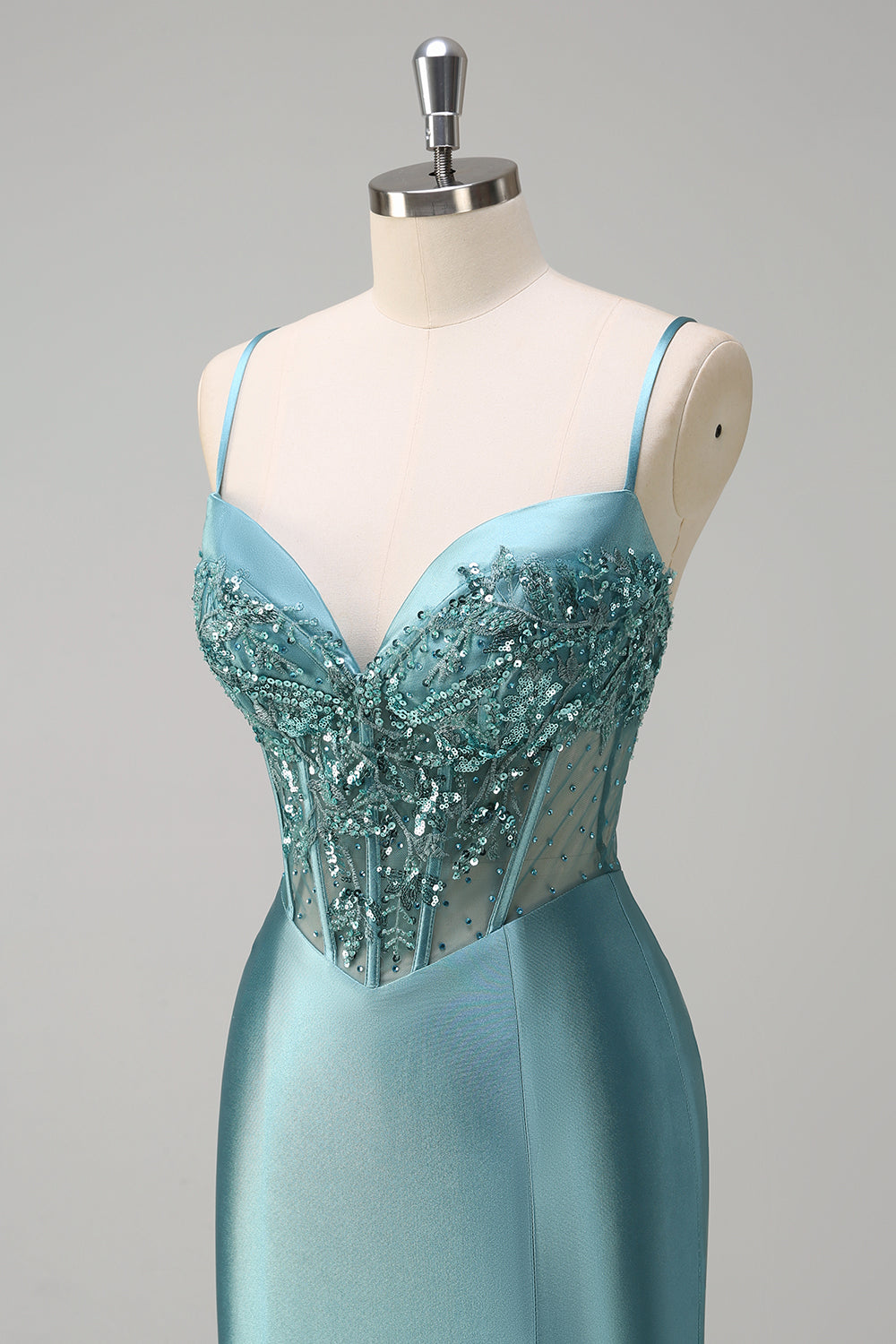 Sparkly grigio verde sirena spaghetti spalline corsetto lungo Abito da cerimonia con fessura