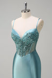 Sparkly grigio verde sirena spaghetti spalline corsetto lungo Abito da cerimonia con fessura