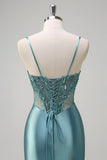 Sparkly grigio verde sirena spaghetti spalline corsetto lungo Abito da cerimonia con fessura