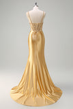 Scintillante sirena d'oro Spaghetti Straps Corsetto Abito da cerimonia lungo con fessura