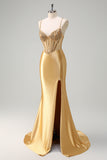 Scintillante sirena d'oro Spaghetti Straps Corsetto Abito da cerimonia lungo con fessura