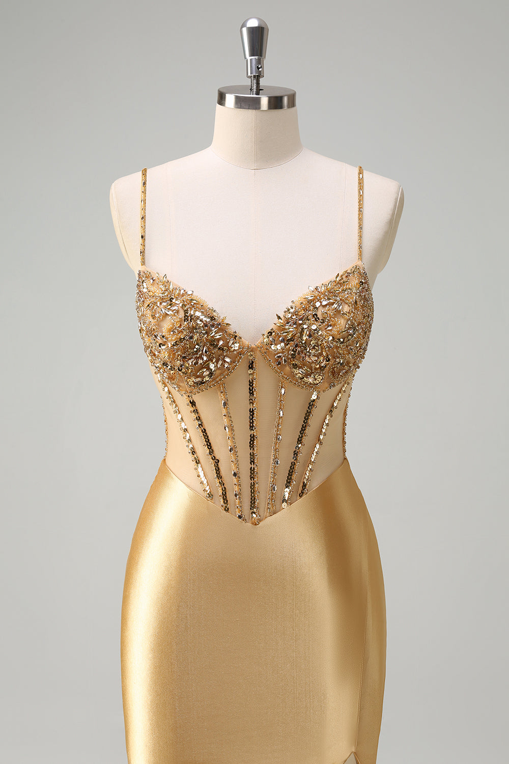 Scintillante sirena d'oro Spaghetti Straps Corsetto Abito da cerimonia lungo con fessura