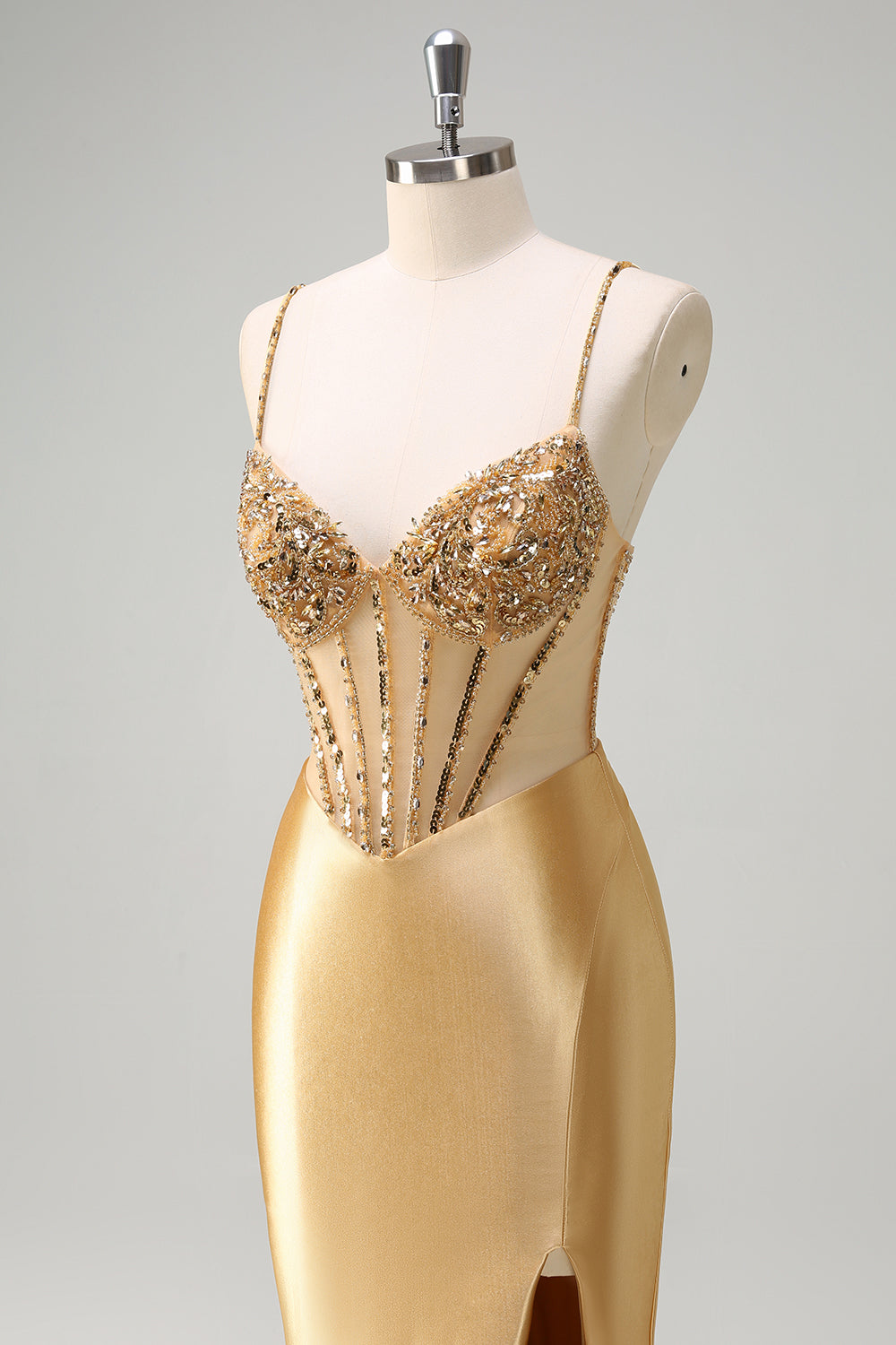 Scintillante sirena d'oro Spaghetti Straps Corsetto Abito da cerimonia lungo con fessura