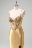 Scintillante sirena d'oro Spaghetti Straps Corsetto Abito da cerimonia lungo con fessura