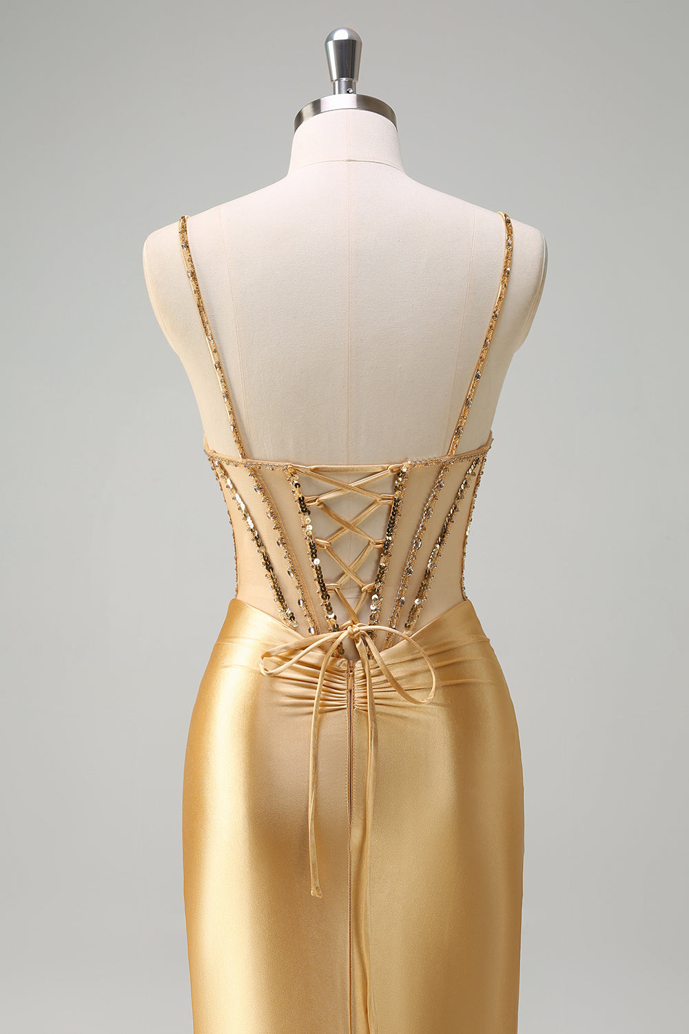 Scintillante sirena d'oro Spaghetti Straps Corsetto Abito da cerimonia lungo con fessura