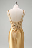 Scintillante sirena d'oro Spaghetti Straps Corsetto Abito da cerimonia lungo con fessura